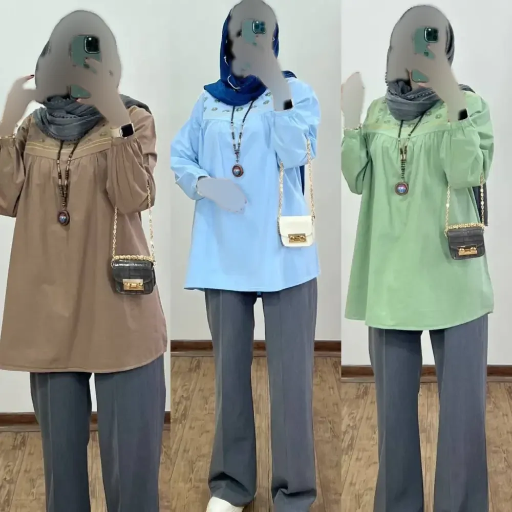 شومیز گلدون الیاف با کیفیت گلدوزی شده رنگ پسته ای فری سایز