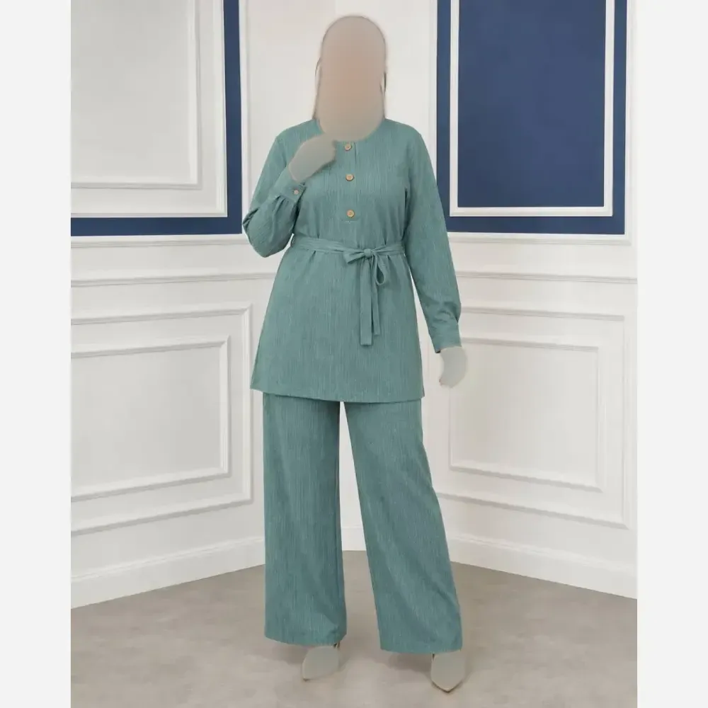 ست شلوار و تونیک زنانه کریشه فری سایز 38 تا 48 کمربنددار