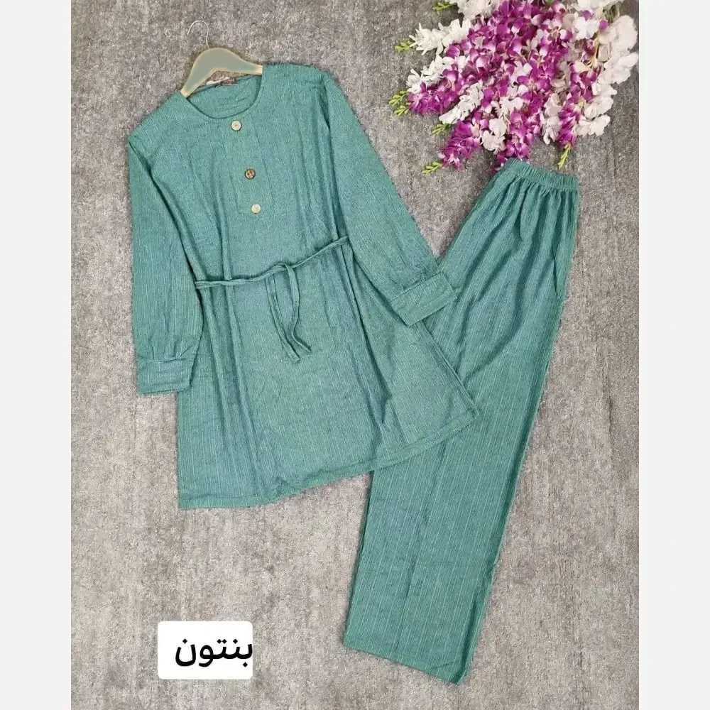 ست شلوار و تونیک زنانه کریشه فری سایز 38 تا 48 کمربنددار