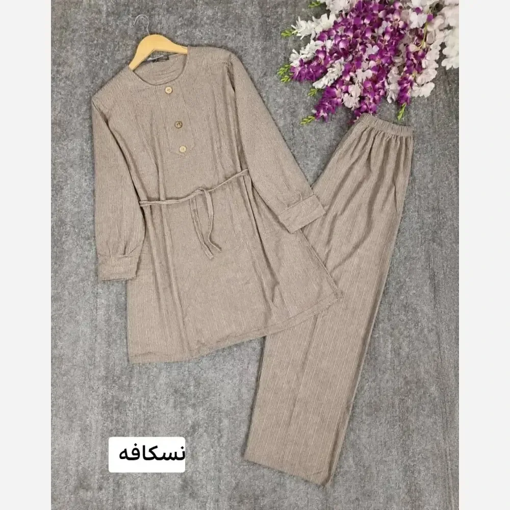 ست شلوار و تونیک زنانه کریشه فری سایز 38 تا 48 کمربنددار
