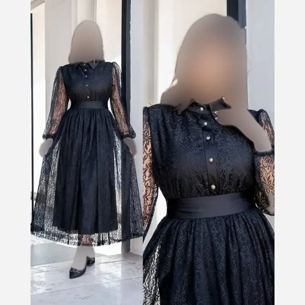 پیراهن زنانه جنس گیپور آستر دار بلند کمربند دار مدل شهرزاد