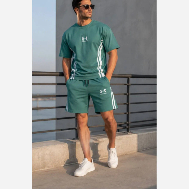 ست تیشرت شلوارک بیسکوییتی طرح جذاب UNDER ARMOUR نواردوزی شده