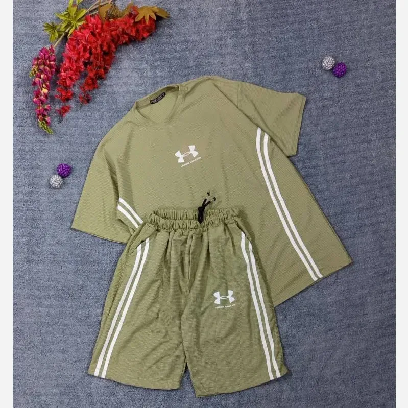 ست تیشرت شلوارک بیسکوییتی طرح جذاب UNDER ARMOUR نواردوزی شده