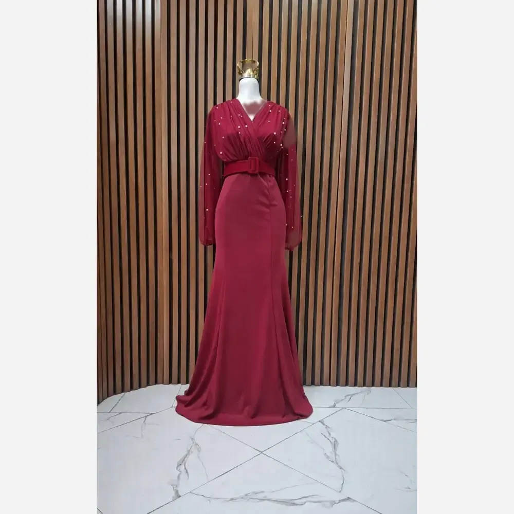 ست لباس مجلسی زنانه کرپ کش و تور ستاره سبز و زرشکی سایز 40 تا 50 کمربنددار