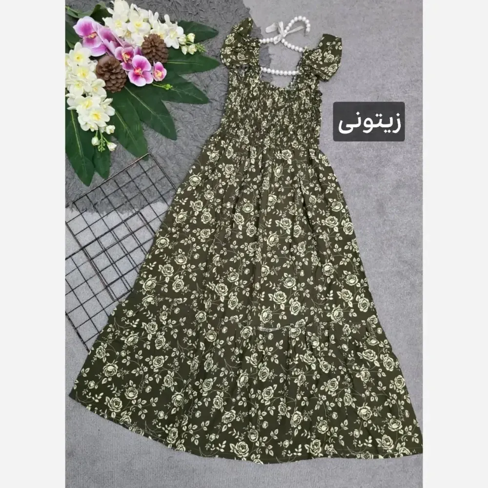 پیراهن لته نخی زنانه فری سایز 36 تا 46 قد 120 سانت کش دوزی شده