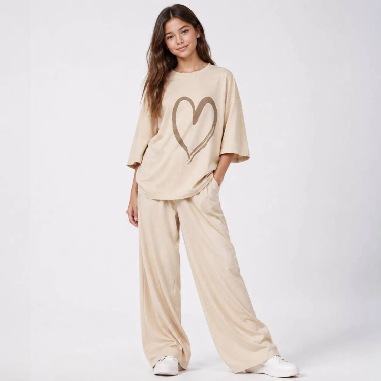 ست تیشرت باکسی و شلوار بگ دخترانه نوجوان و زنانه مادردختری پنبهای