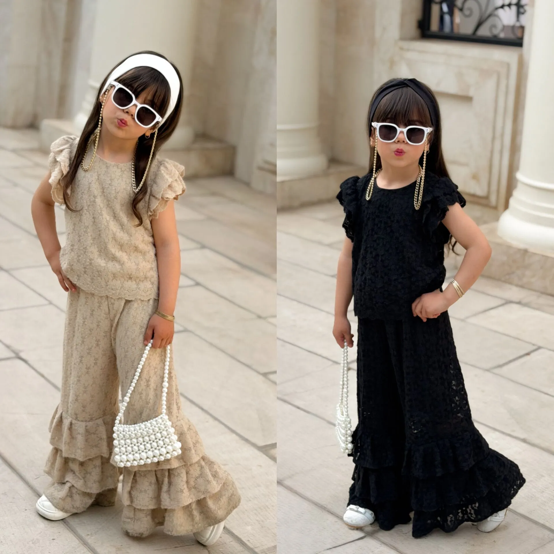 ست تاپ و شلوار دخترانه دانتل مجلسی ترک نرم مناسب 3 تا 10 سال