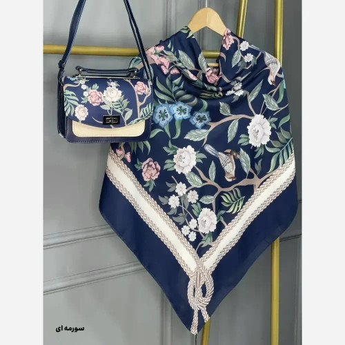 ست کیف و روسری گلاره مخمل و چرم نخی منگوله دار 130 مشکی سورمه ای سبز