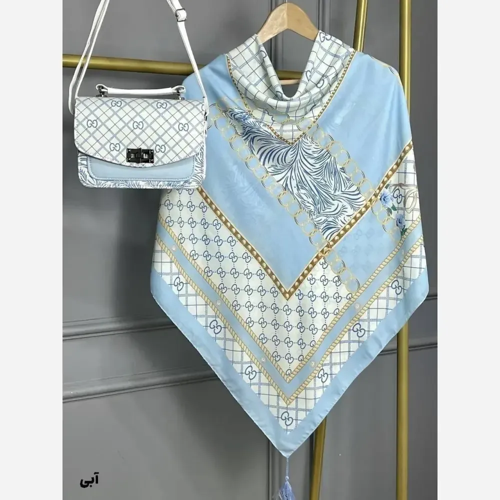 ست کیف و روسری گوچی پاپیون مخمل و چرم نخی منگوله دار 130 مشکی سورمه ای آبی