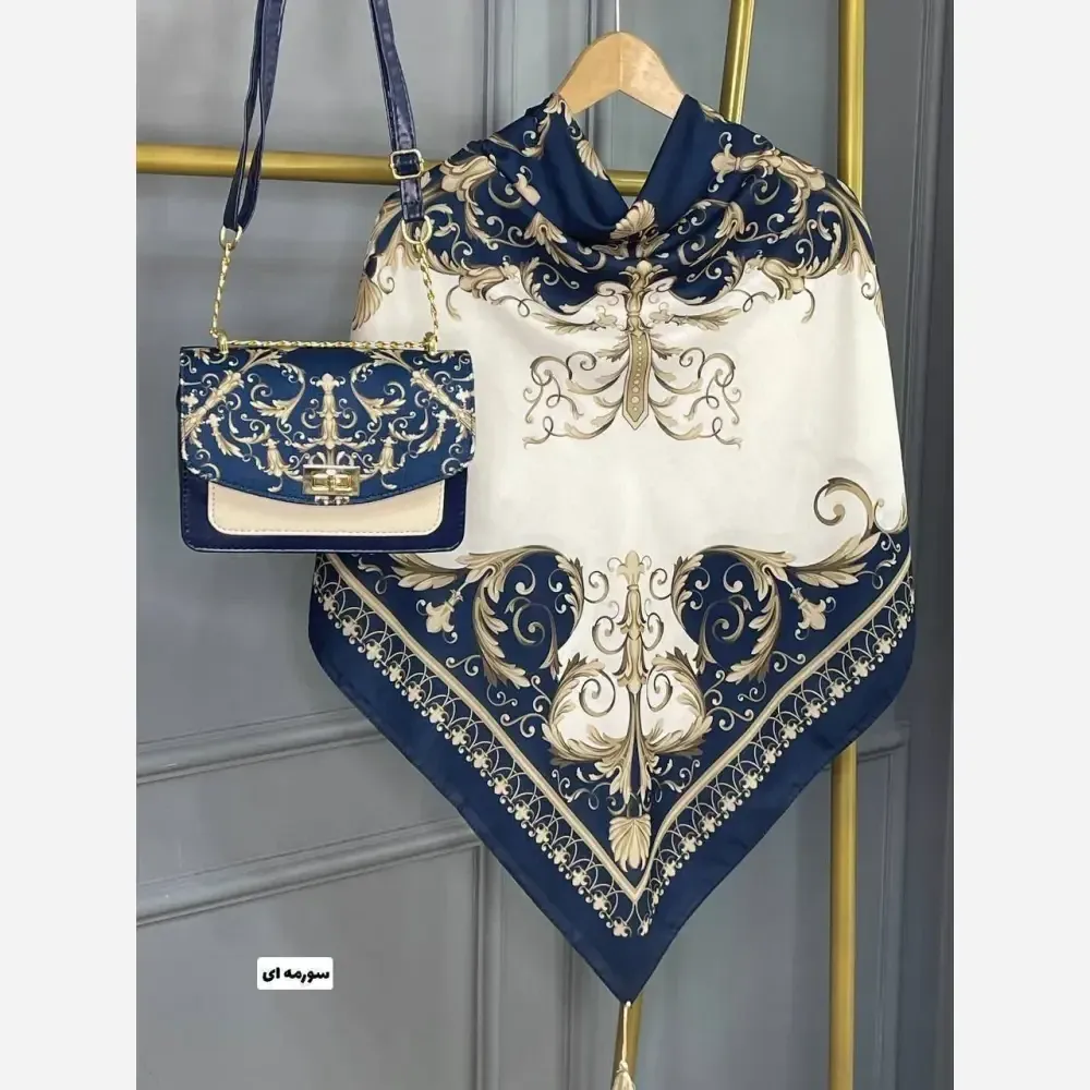 ست کیف و روسری کاترینا نخی منگوله دار مخمل و چرم صنعتی مشکی فیروزه ای سورمه ای