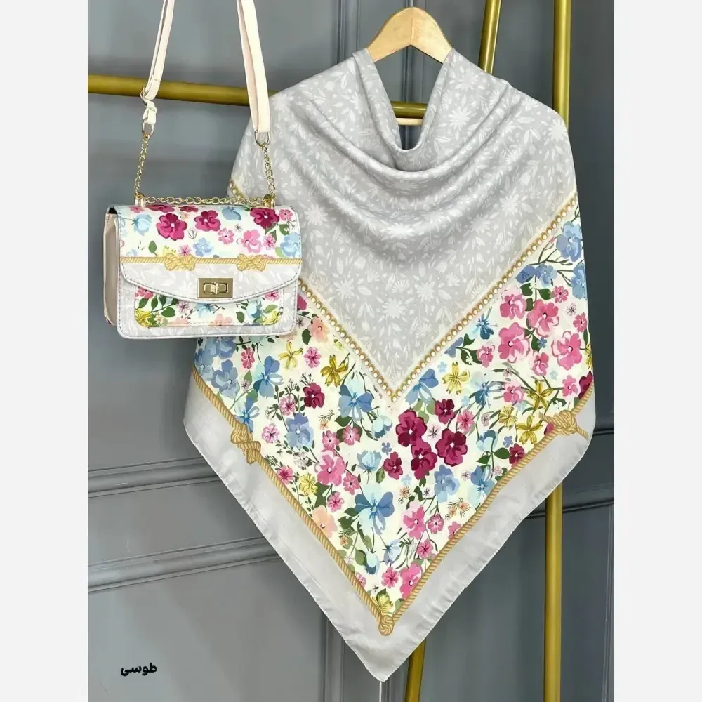 ست کیف و روسری آنام مخمل چرم صنعتی نخی منگوله دار رنگبندی صورتی طوسی سبز قواره 130 سایز کیف 17×23