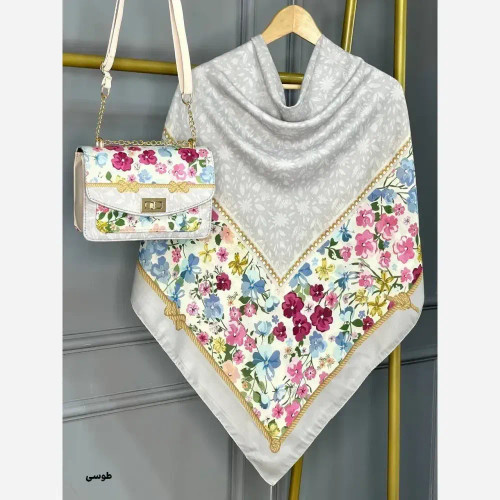 ست کیف و روسری آنام مخمل چرم صنعتی نخی منگوله دار رنگبندی صورتی طوسی سبز قواره 130 سایز کیف 17×23