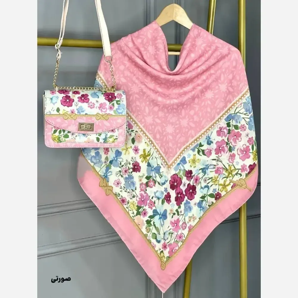 ست کیف و روسری آنام مخمل چرم صنعتی نخی منگوله دار رنگبندی صورتی طوسی سبز قواره 130 سایز کیف 17×23