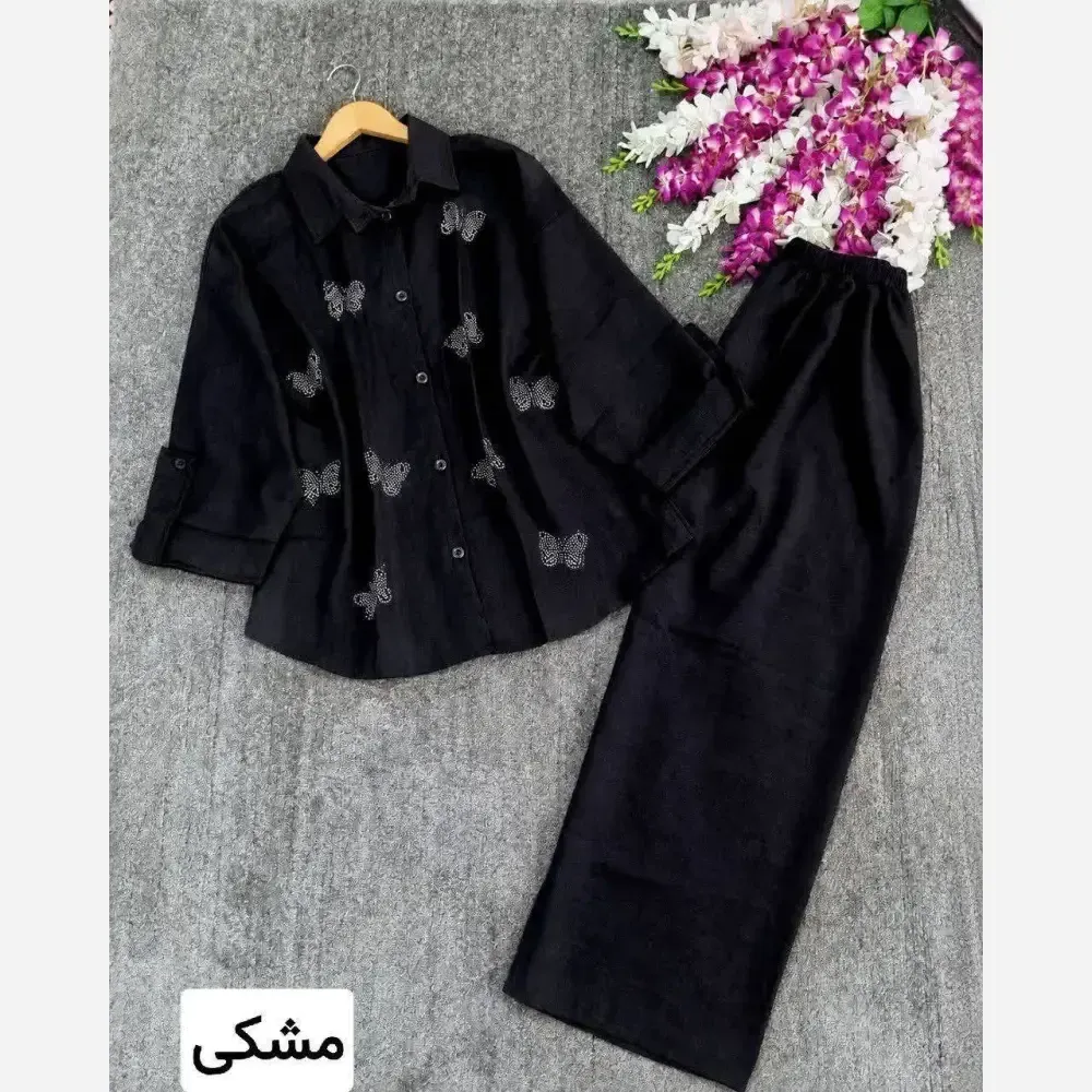 ست شانتون زنانه نگین کاری جلو دکمه مدل نازان
