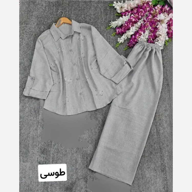 ست شانتون زنانه نگین کاری جلو دکمه مدل نازان
