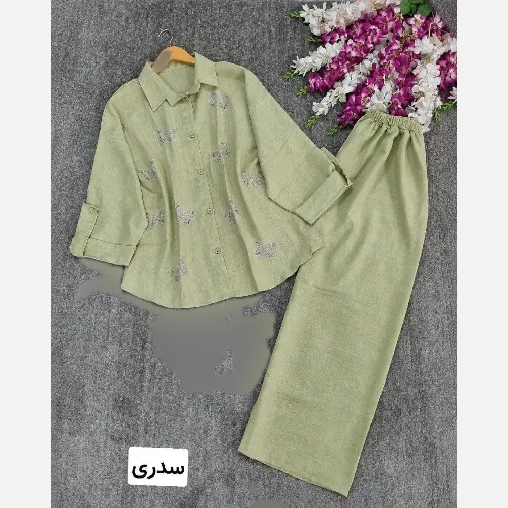 ست شانتون زنانه نگین کاری جلو دکمه مدل نازان