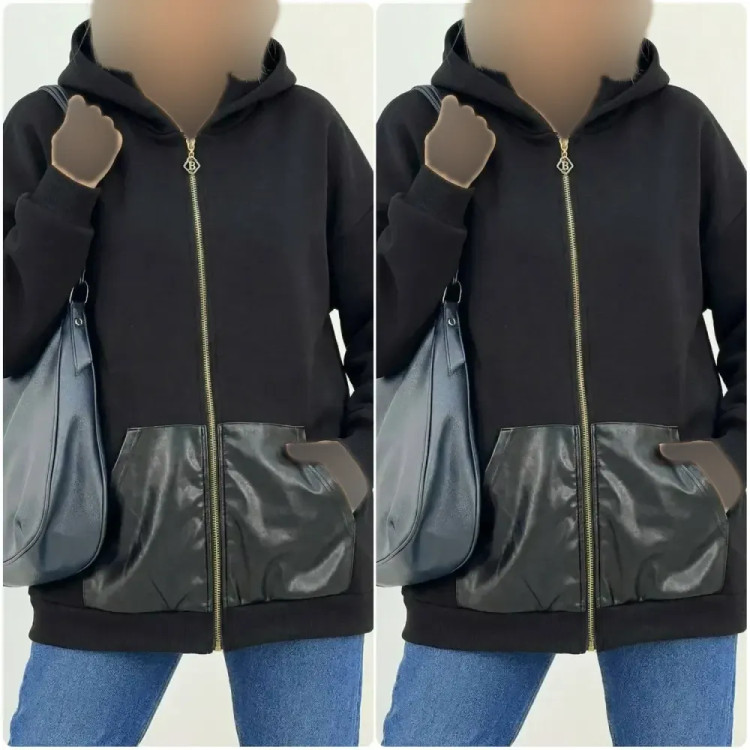 سوییشرت دورس توکرکی جیب چرم مشکی فری سایز