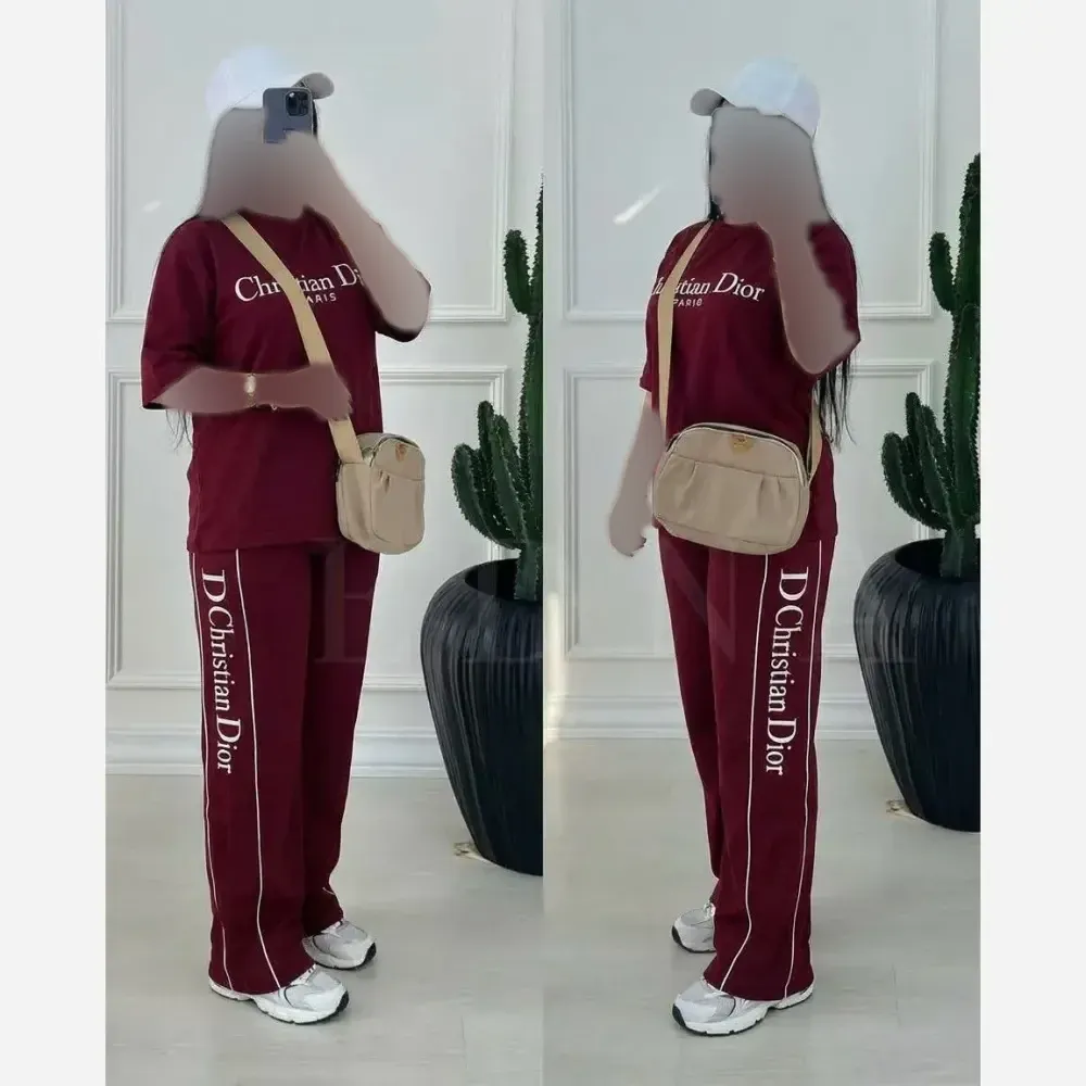 ست تیشرت و شلوار زنانه کریستین دیور پنبه گلکسی فری سایز