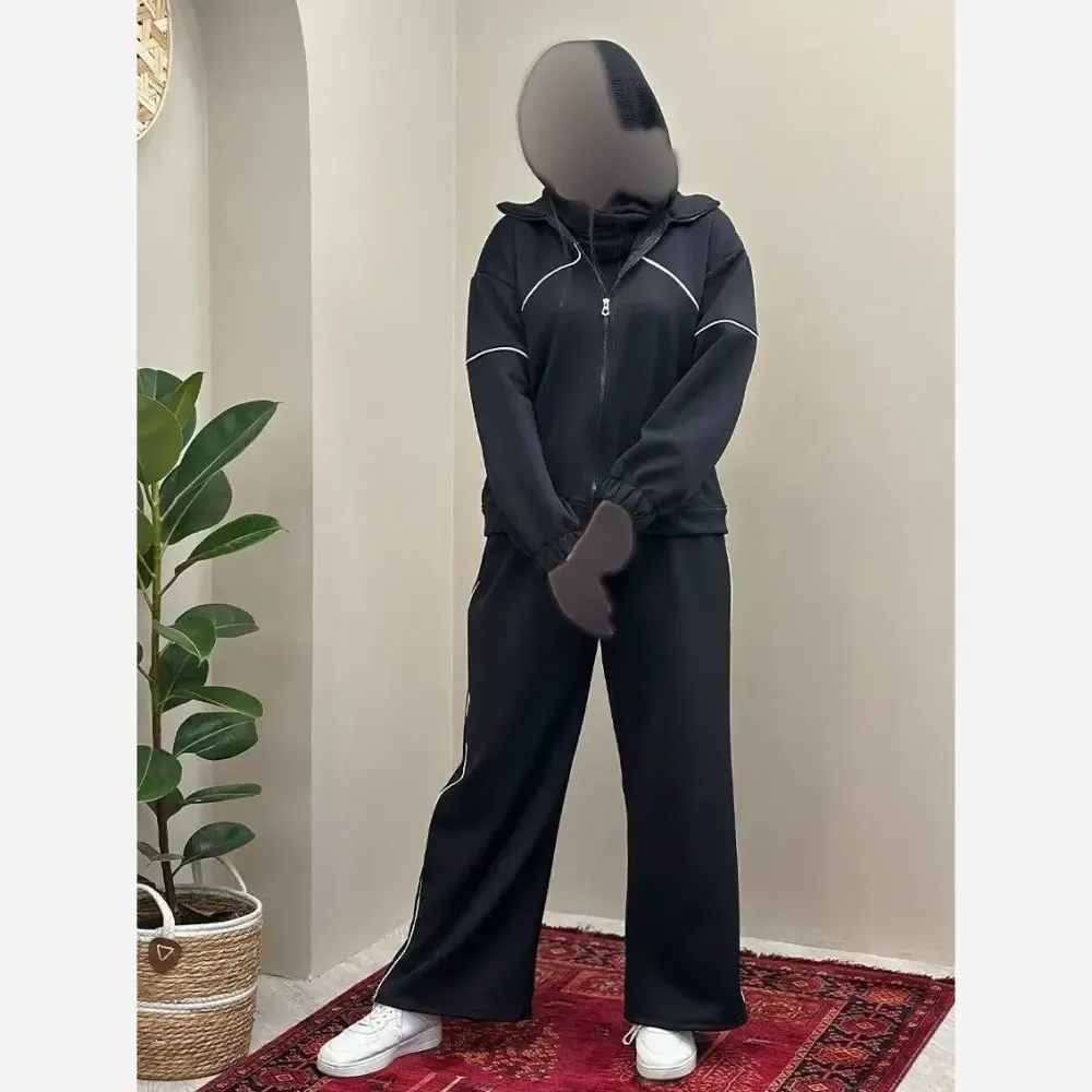 ست سویشرت و شلوار مستانه جنس مازراتی رنگ مشکی سورمه ای شکلاتی سایز فری 36 تا 46