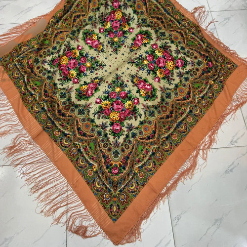 روسری ترکمن نخ ترک کد 1674 قواره 150x150 ریشه دستباف قابل شستشو 4 فصل چروک نمیشود