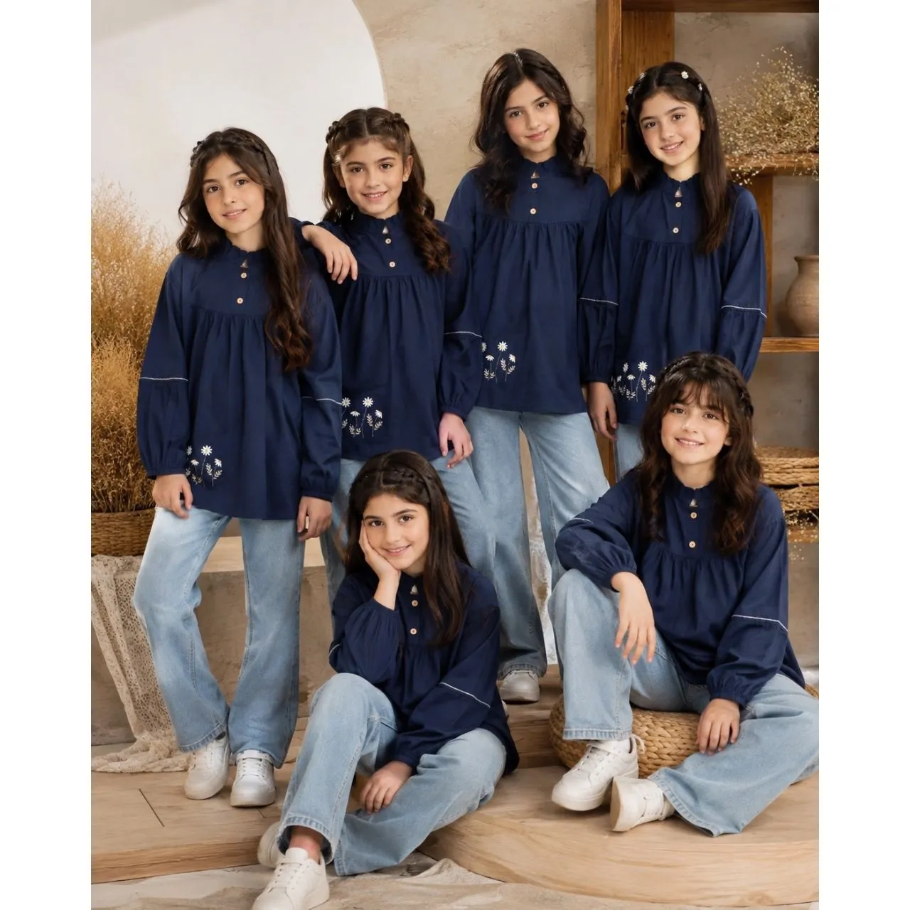 شومیز لینن نخ گلدوزی طرح بابونه رنگ سرمه ای سایز 60 و 65