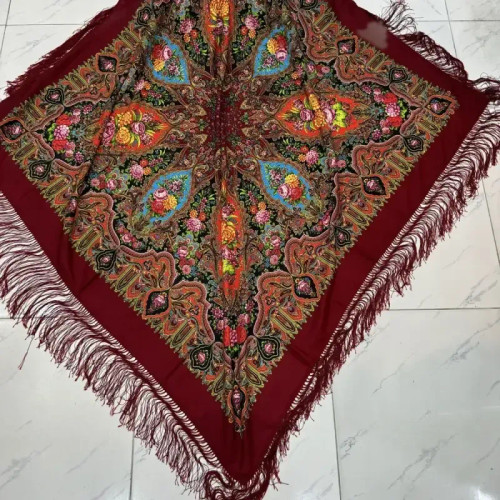 روسری نخی ترکمن قواره بزرگ ریشه دستباف کد 1654 زنانه چهار فصل وارداتی ترکیه