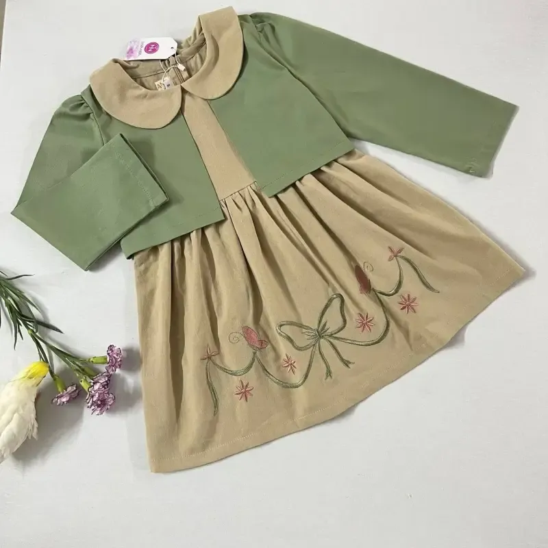 کت و سارافون دخترانه گلدوزی شده لینن و کتان مناسب 3 تا 7 سال